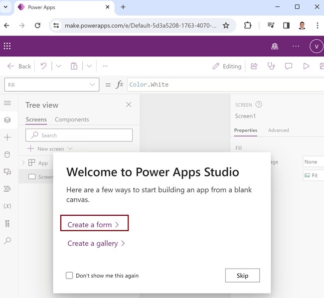 Power Apps studio environment
